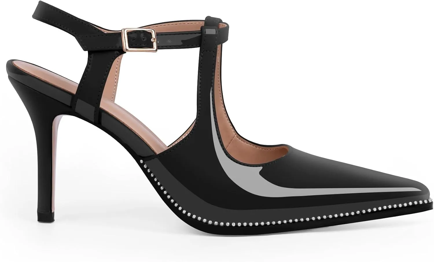 Women's Patent Leather T-Strap Stilettos High Heels Closed Pointed Toe Buckle Strap Dress Shoes Sexy Pumps