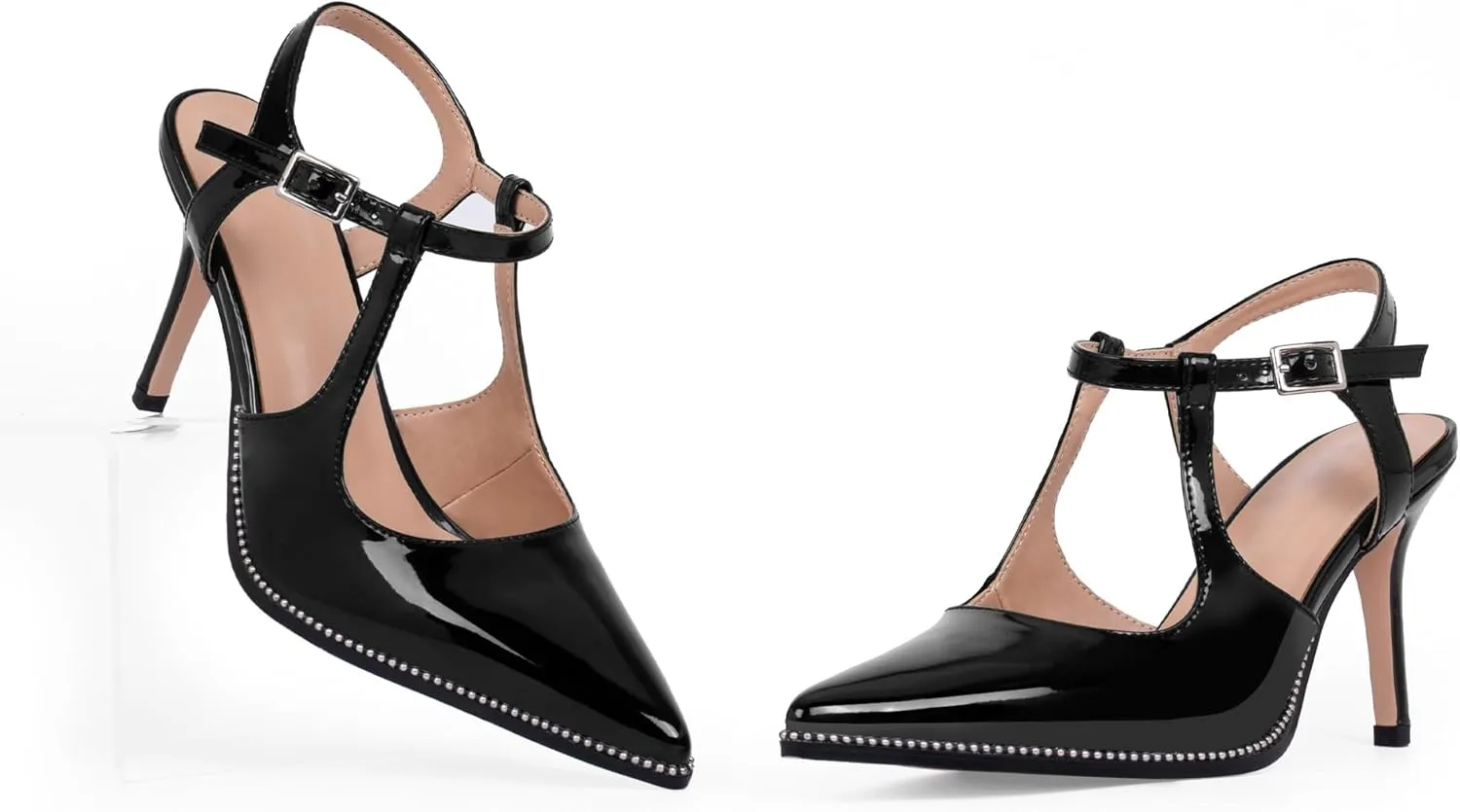 Women's Patent Leather T-Strap Stilettos High Heels Closed Pointed Toe Buckle Strap Dress Shoes Sexy Pumps