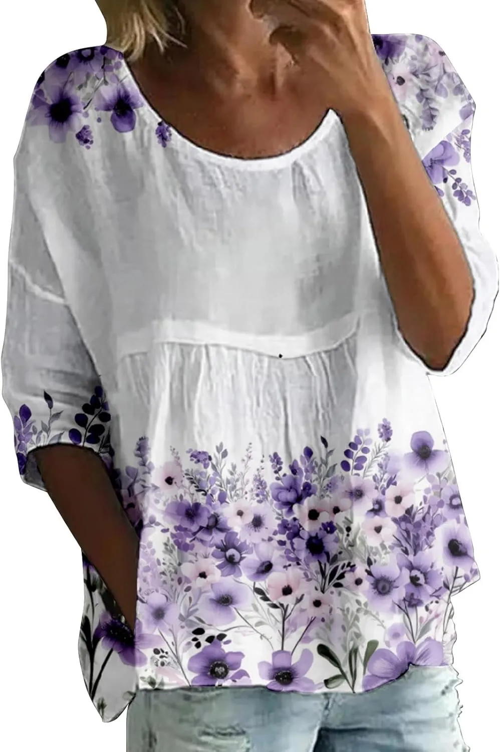 Women's Peasant Boho Tunic Tops 3/4 Length Sleeve Floral Print Round Neck Tee Shirt Trendy Loose Fit Flowy Blouses