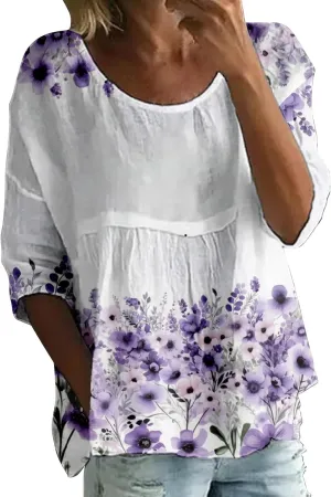 Women's Peasant Boho Tunic Tops 3/4 Length Sleeve Floral Print Round Neck Tee Shirt Trendy Loose Fit Flowy Blouses