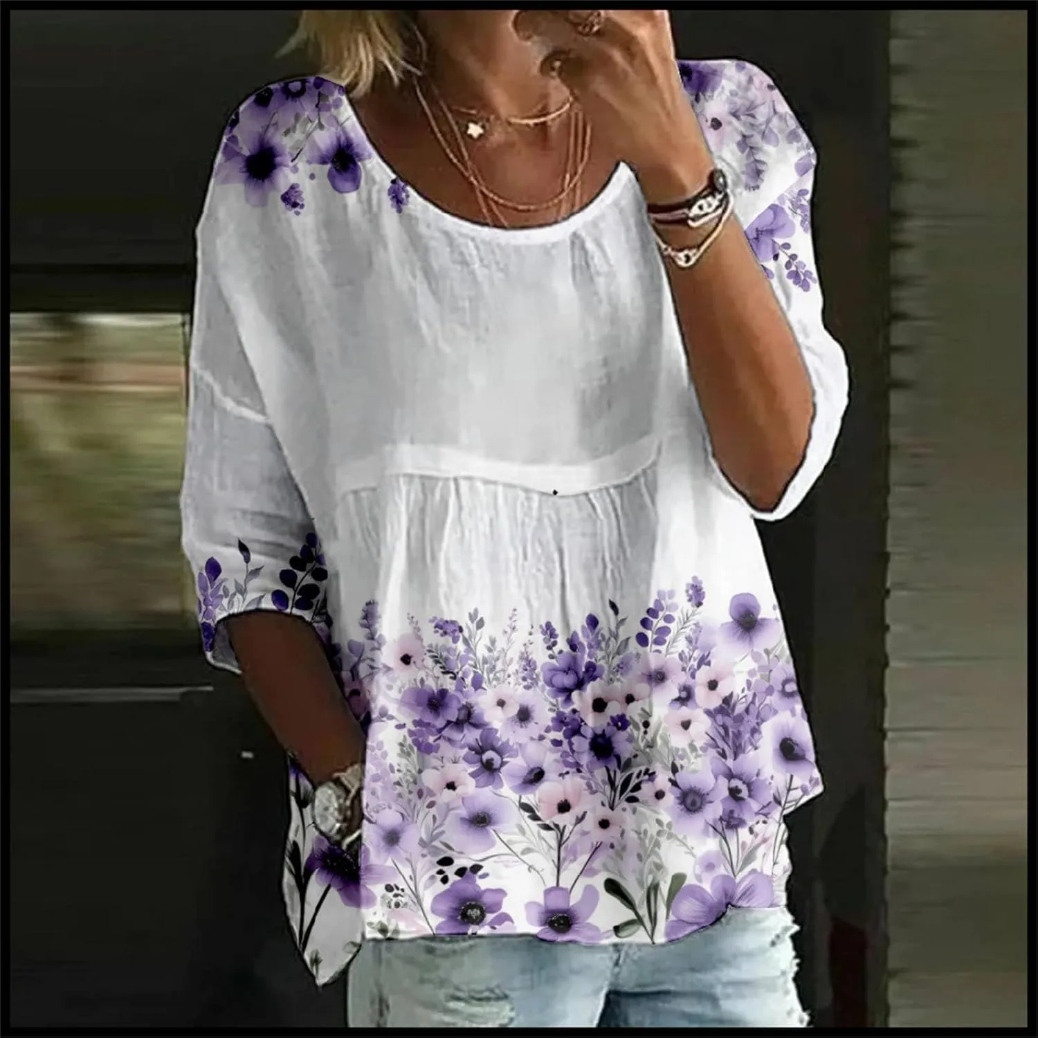 Women's Peasant Boho Tunic Tops 3/4 Length Sleeve Floral Print Round Neck Tee Shirt Trendy Loose Fit Flowy Blouses