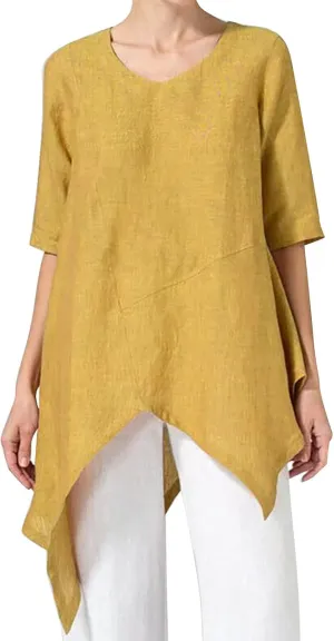 Womens Plus Size Cotton Linen Shirts Loose Fit High Low Irregular Hem Boyfriend Shirts Summer Beach Cover Ups