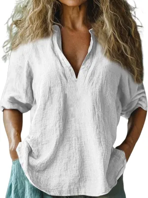 Womens Roll Up Sleeve Linen Shirts Casual Relaxed Fit V Neck Office T Shirts Vacation Stylish Solid Cruise Wear 2025