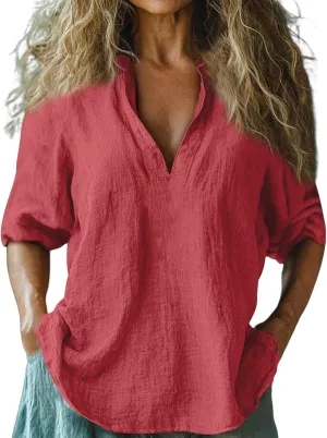 Womens Roll Up Sleeve Linen Shirts Casual Relaxed Fit V Neck Office T Shirts Vacation Stylish Solid Cruise Wear 2025