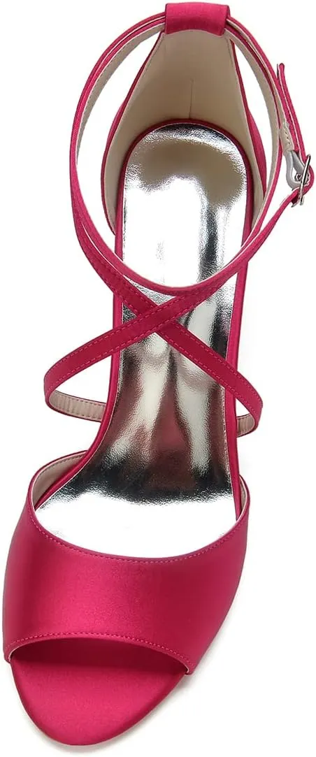 Women's Satin Block Heel Wedding Sandals Peep Toe Sandals for Women Cross Strap Evening Dressy Bridal Shoes for Women