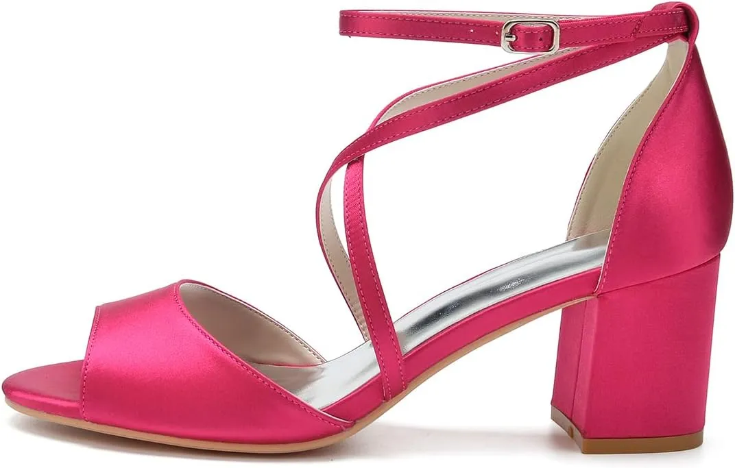 Women's Satin Block Heel Wedding Sandals Peep Toe Sandals for Women Cross Strap Evening Dressy Bridal Shoes for Women