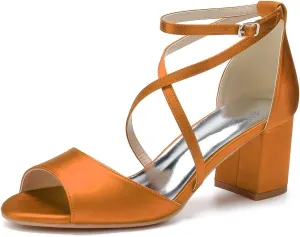Women's Satin Block Heel Wedding Sandals Peep Toe Sandals for Women Cross Strap Evening Dressy Bridal Shoes for Women