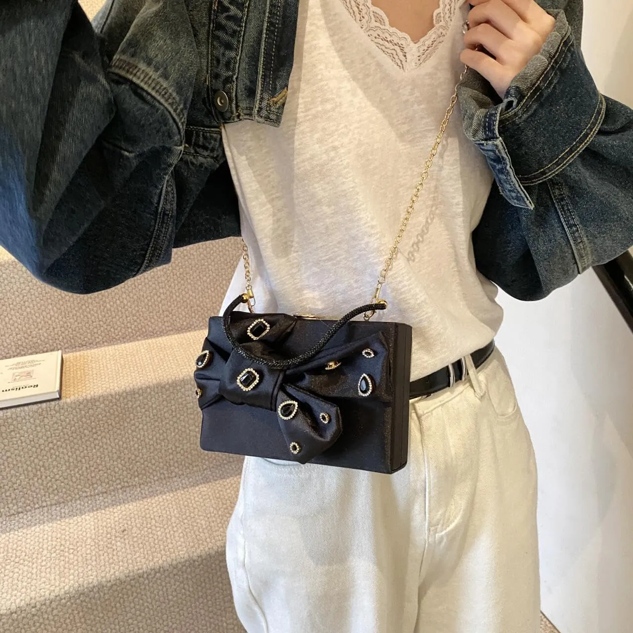 Women’s Satin Evening Bag Bow Handbag Purse Party Clutches Wedding Chain Shoulder Cross Body Bag