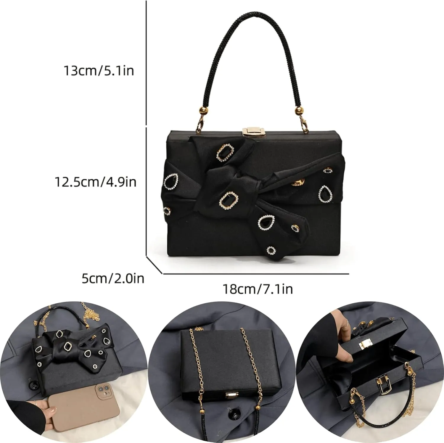 Women’s Satin Evening Bag Bow Handbag Purse Party Clutches Wedding Chain Shoulder Cross Body Bag