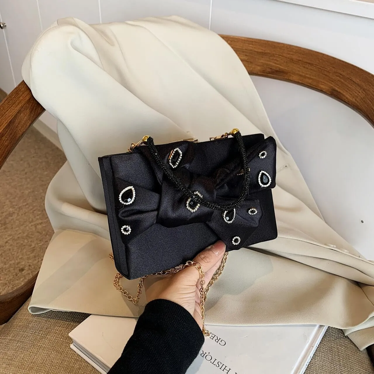 Women’s Satin Evening Bag Bow Handbag Purse Party Clutches Wedding Chain Shoulder Cross Body Bag
