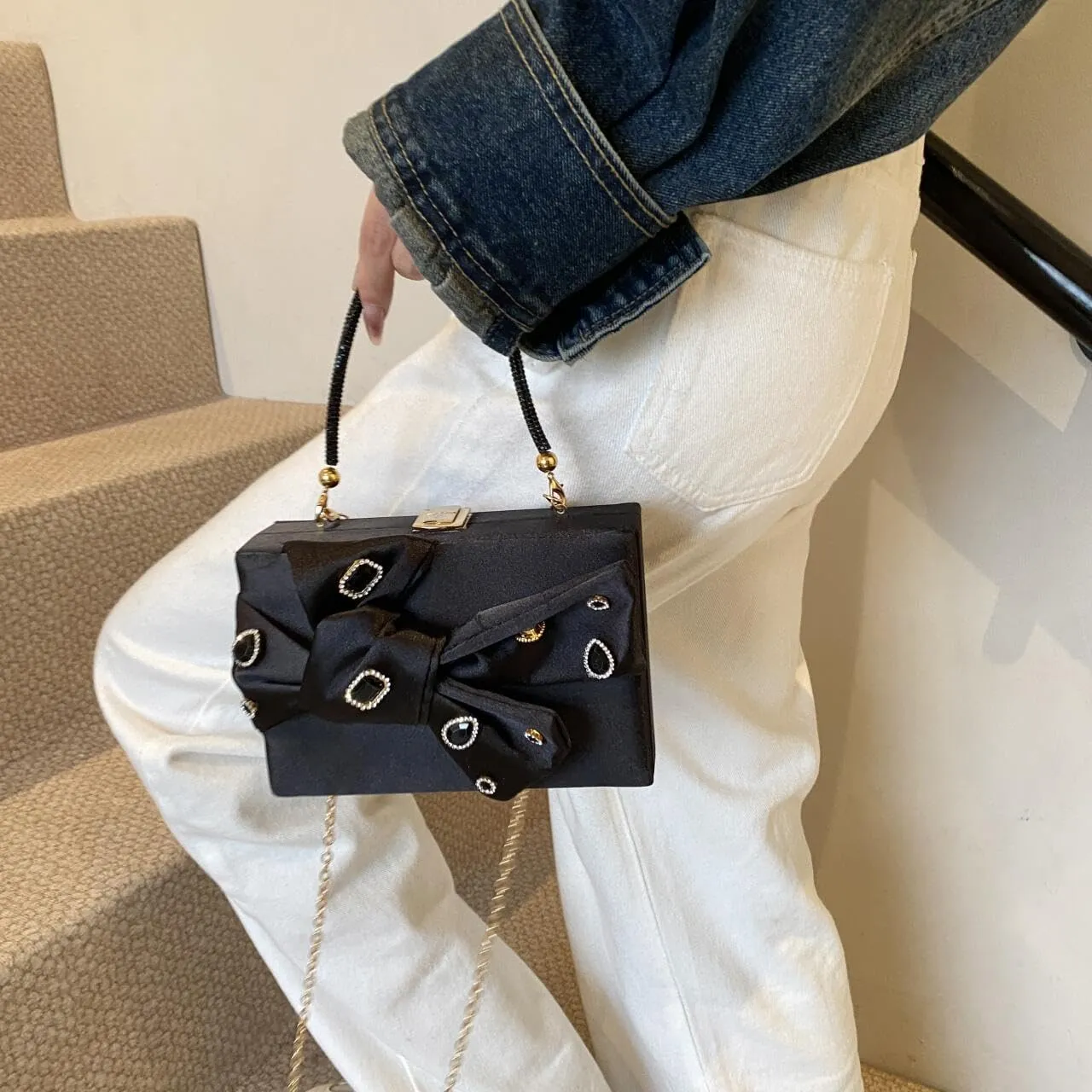Women’s Satin Evening Bag Bow Handbag Purse Party Clutches Wedding Chain Shoulder Cross Body Bag