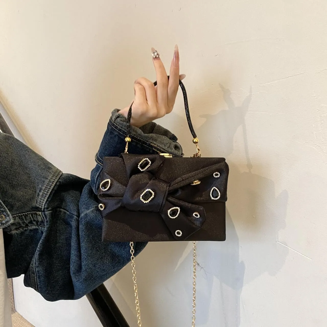 Women’s Satin Evening Bag Bow Handbag Purse Party Clutches Wedding Chain Shoulder Cross Body Bag