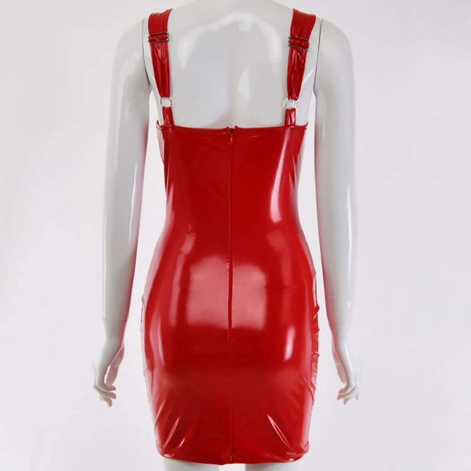Womens Sexy Faux Leather Latex Dress Trendy Solid Color Slim Fit Club Party Dresses Casual V-Neck Low Cut Tunic Dress