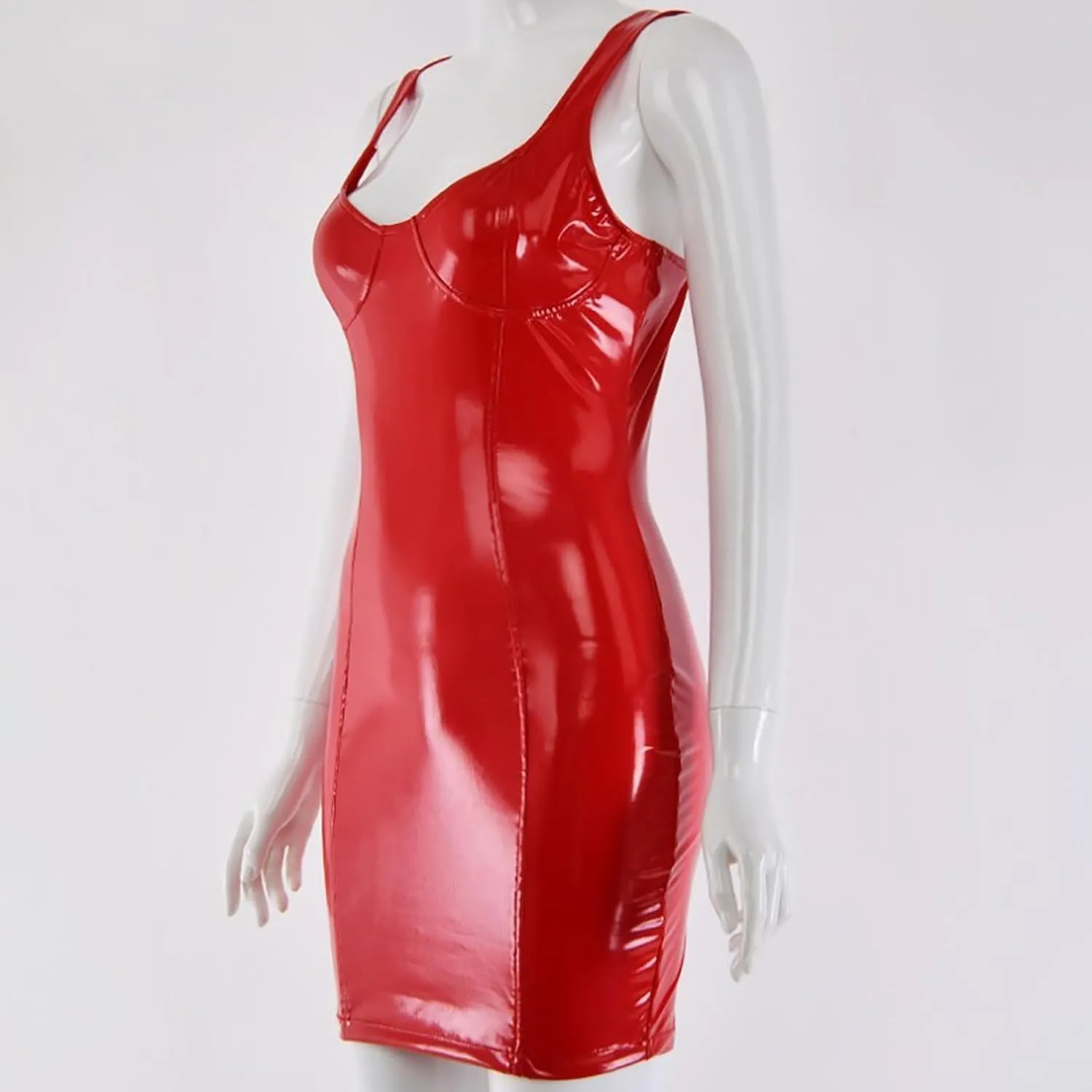 Womens Sexy Faux Leather Latex Dress Trendy Solid Color Slim Fit Club Party Dresses Casual V-Neck Low Cut Tunic Dress