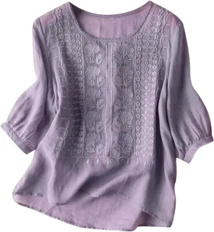 Womens Shirts 3/4 Sleeve Roll Up Short Sleeve T Shirt Trendy Cute Floral Print Blouse 2025 Summer Shirt Women