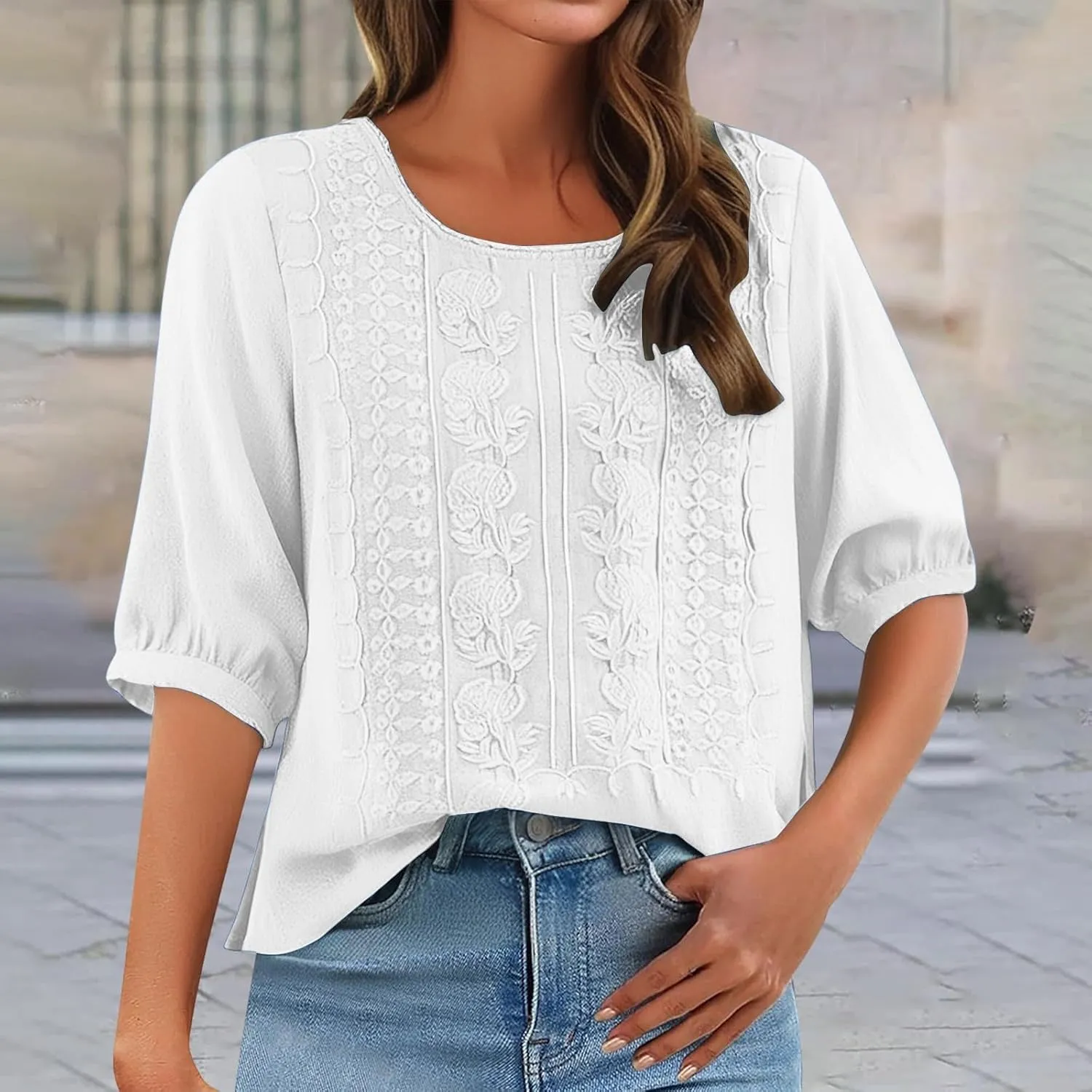 Womens Shirts 3/4 Sleeve Roll Up Short Sleeve T Shirt Trendy Cute Floral Print Blouse 2025 Summer Shirt Women