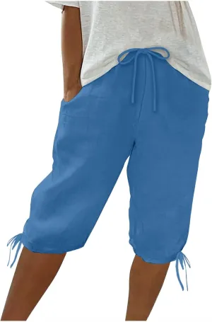 Womens Shorts 2025 Summer Fashion Linen Shorts Bermuda Knee Length Casual Loose Pants Workout Pants
