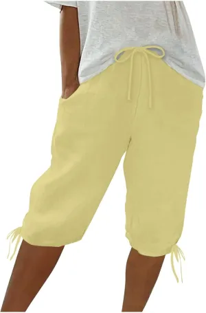 Womens Shorts 2025 Summer Fashion Linen Shorts Bermuda Knee Length Casual Loose Pants Workout Pants