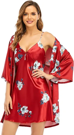 Women's Silk Satin Pajamas Sets 2Pcs Floral Silky Pj Robe Set with Chemise Nightgown