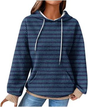 Women's Striped Waffle Oversized Hoodies Sweatshirts,Winter Casual Crew Neck Long Sleeve Pullover,Teen Girls Tops