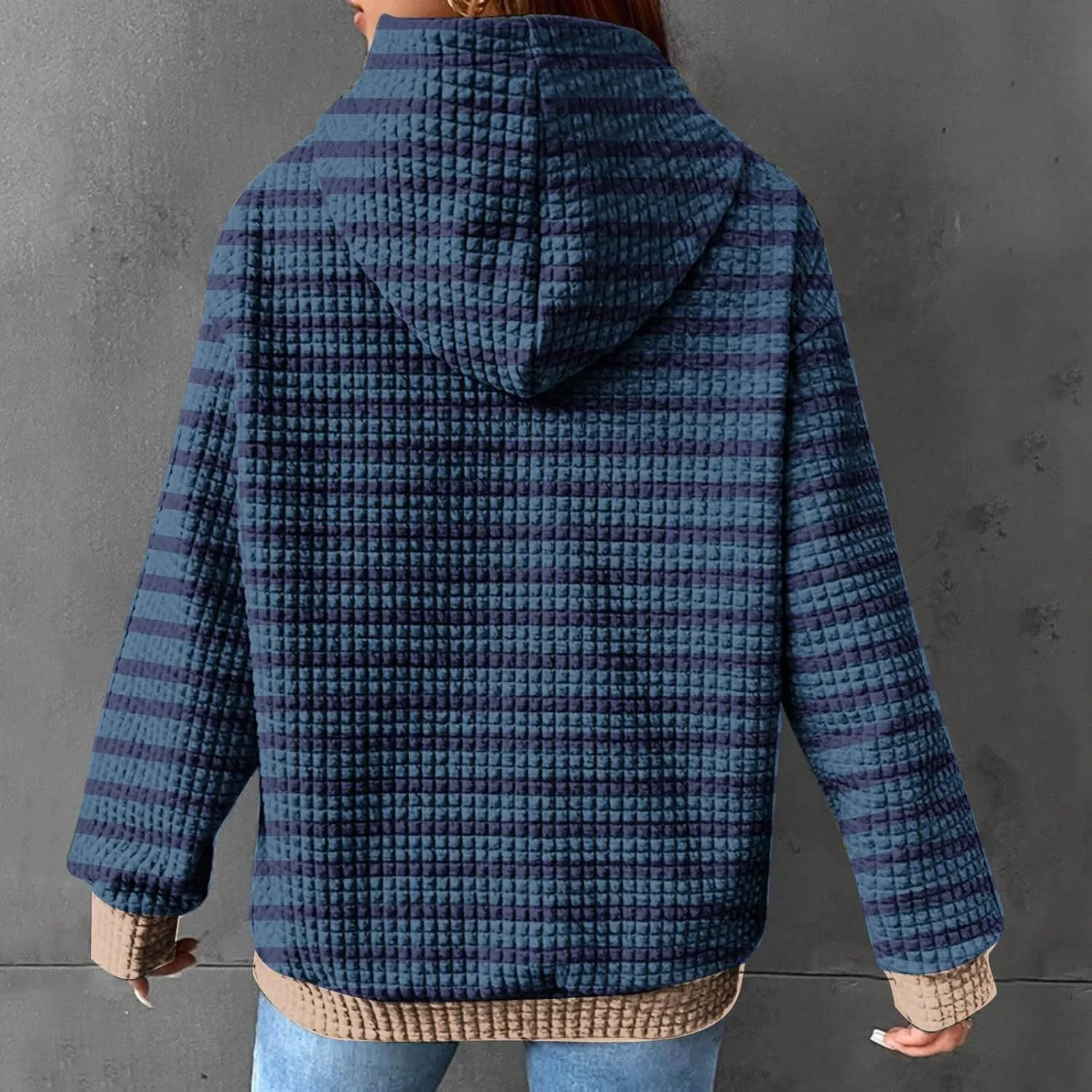 Women's Striped Waffle Oversized Hoodies Sweatshirts,Winter Casual Crew Neck Long Sleeve Pullover,Teen Girls Tops