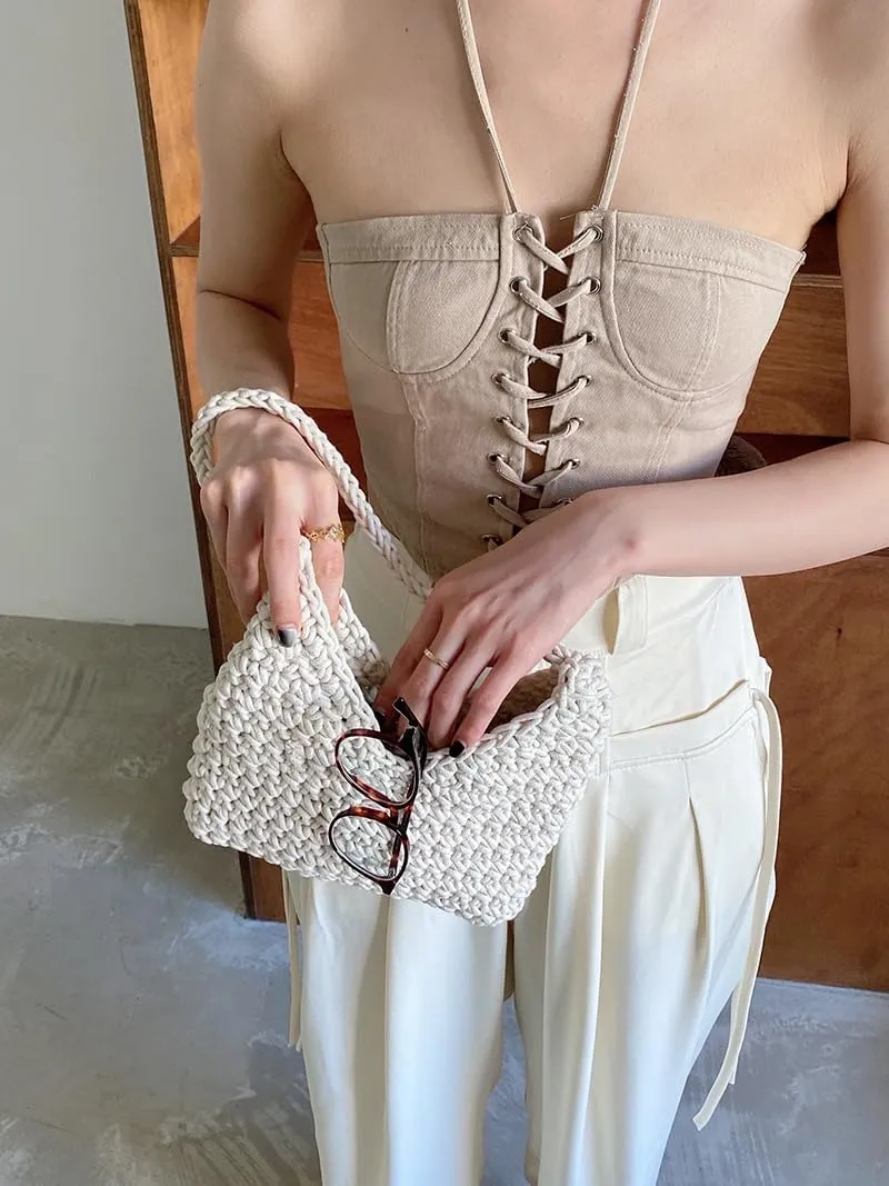 Women's Summer Beach HandBag Cotton Rope Vacation Hand- Woven Shoulder Bag Purse Dumpling Bag