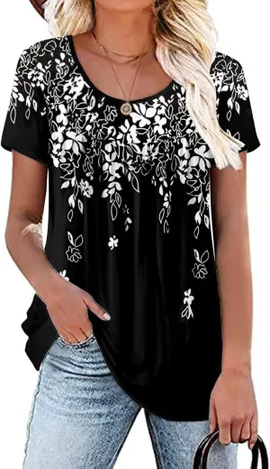 Womens Summer Plus Size Tops Blouses Short Sleeve Shirts Lace Pleated Tunic Tops M-4XL