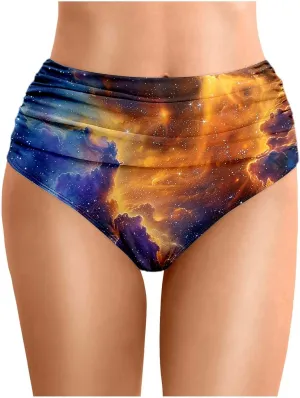 Women's Summer Swim Pants Starry Sky Printed Beach Wear Double Layered Triangle Style Pleated Trunks for Beach and
