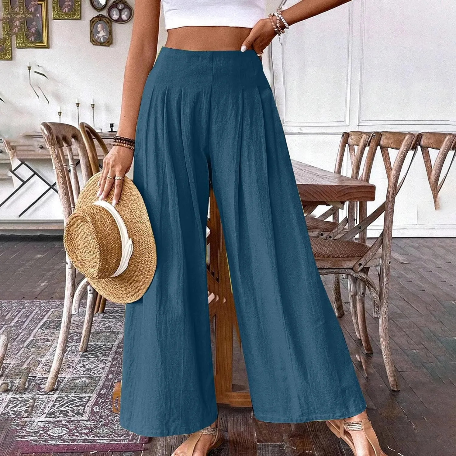 Women's Summer Wide Leg Palazzo Pants Fashion High Waistd Loose Elastic Waist Slacks Casual Going Out Flowy Trousers