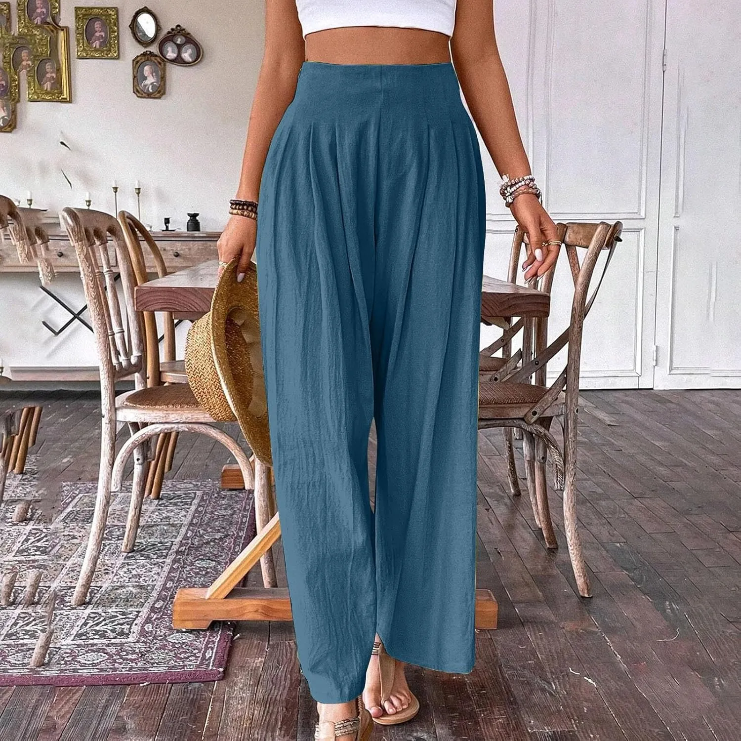 Women's Summer Wide Leg Palazzo Pants Fashion High Waistd Loose Elastic Waist Slacks Casual Going Out Flowy Trousers