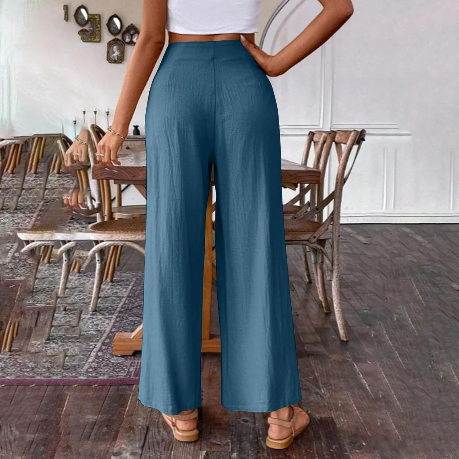Women's Summer Wide Leg Palazzo Pants Fashion High Waistd Loose Elastic Waist Slacks Casual Going Out Flowy Trousers