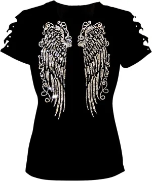 Womens Tops Shirts Long Angel Wings Bling Rhinestones Ripped Cut Out,Sassy Cute Sexy Graphic Summer T-Shirts,Short