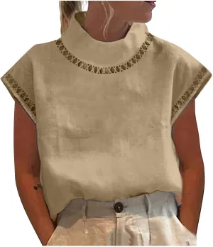 Womens Tshirts Cotton Linen High Neck Cap Sleeve Shirt Summer Fashion Casual Cotton Linen Blouses Trendy Tops