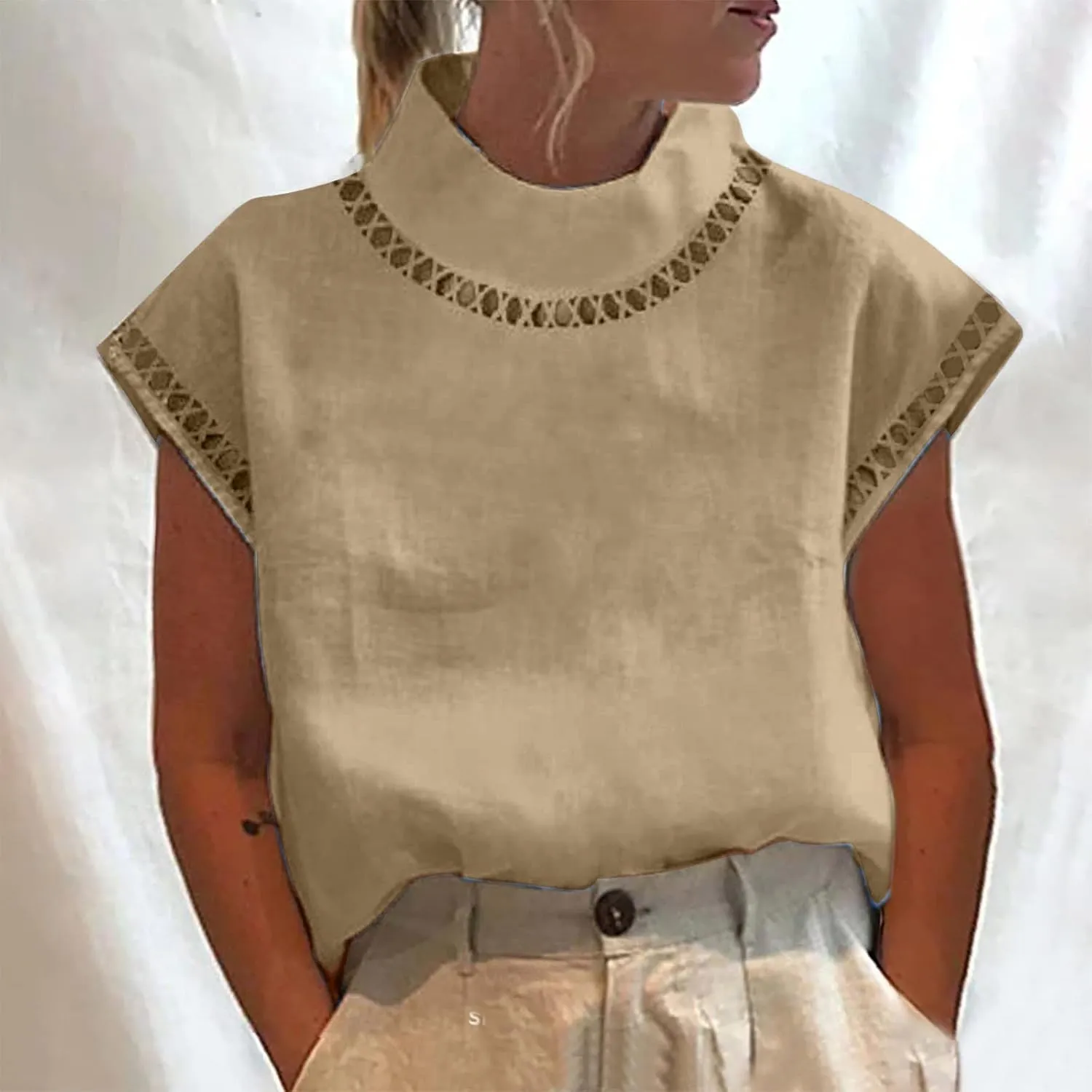 Womens Tshirts Cotton Linen High Neck Cap Sleeve Shirt Summer Fashion Casual Cotton Linen Blouses Trendy Tops