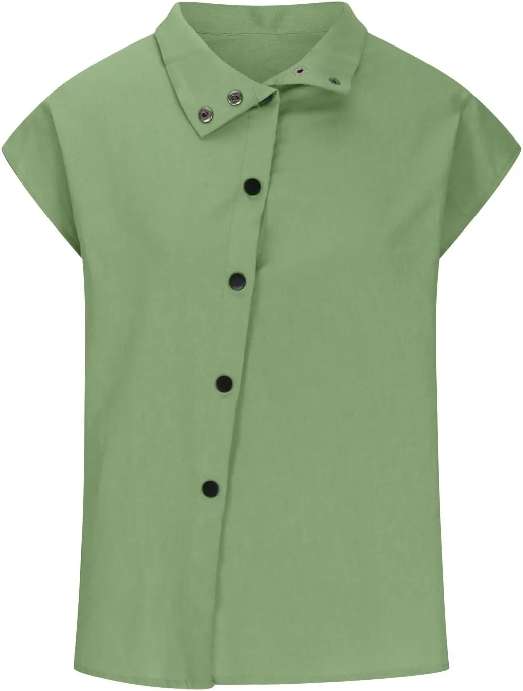 Womens Tshirts Cotton Linen High Neck Cap Sleeve Shirt Summer Fashion Casual Cotton Linen Blouses Trendy Tops