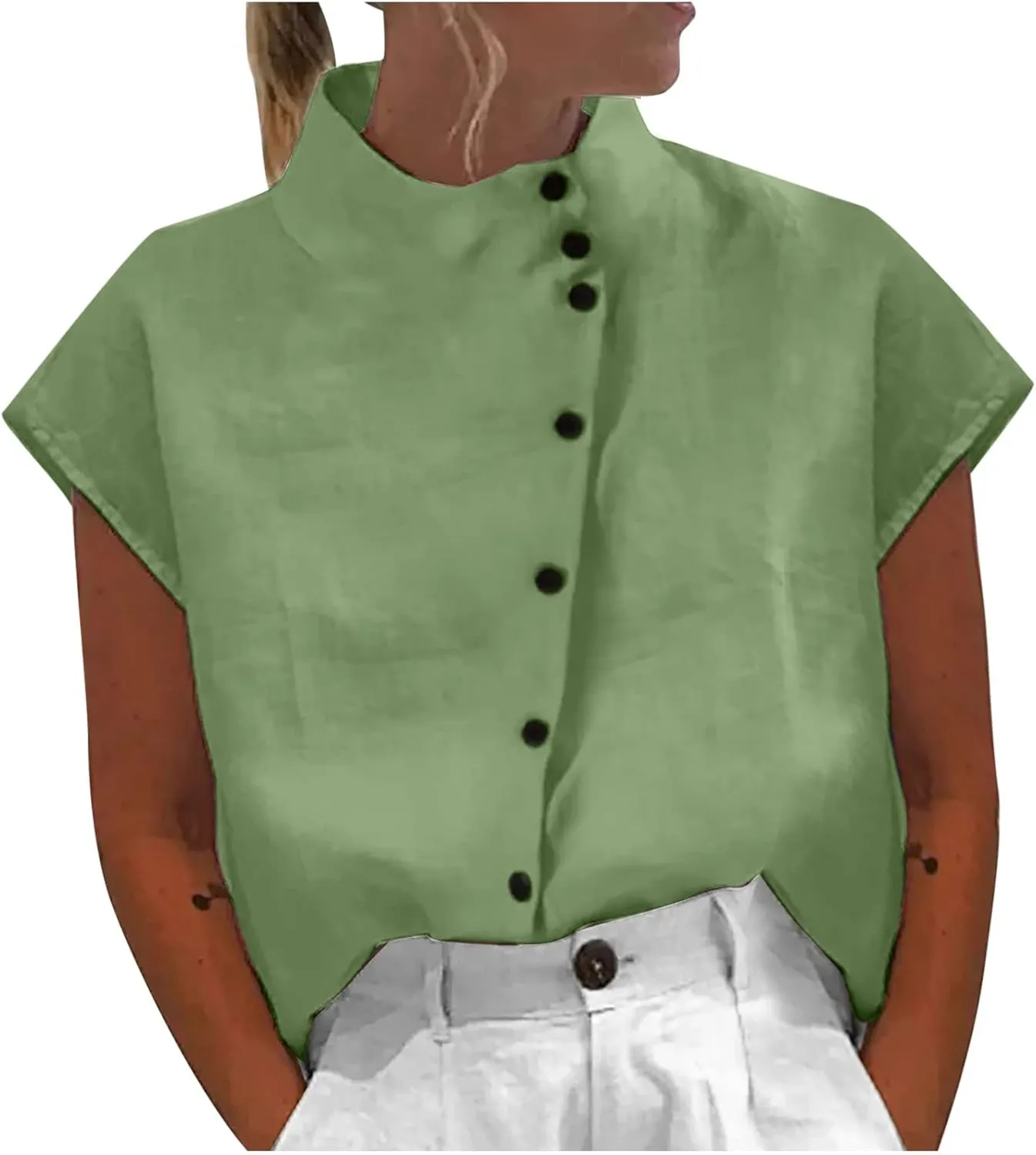 Womens Tshirts Cotton Linen High Neck Cap Sleeve Shirt Summer Fashion Casual Cotton Linen Blouses Trendy Tops