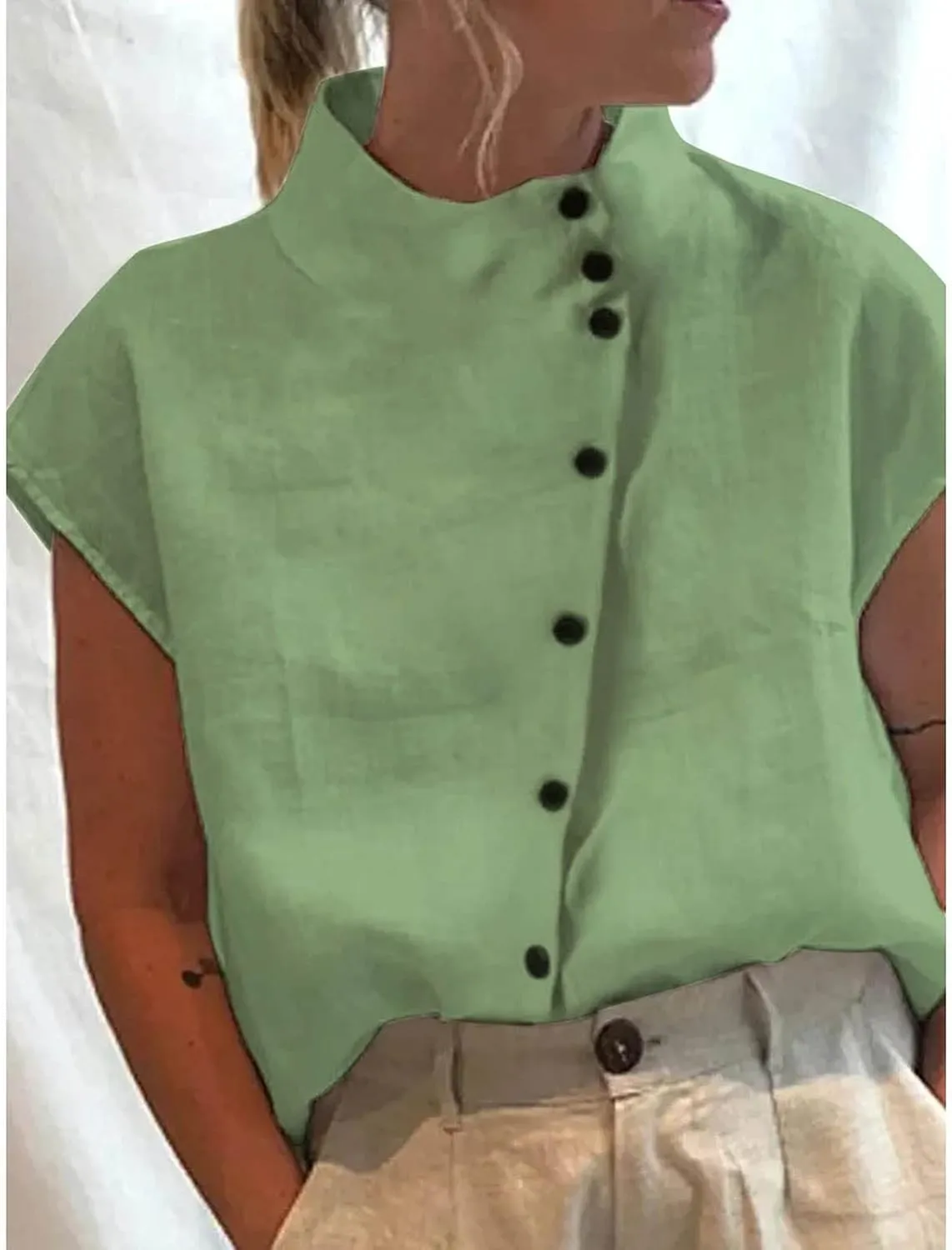 Womens Tshirts Cotton Linen High Neck Cap Sleeve Shirt Summer Fashion Casual Cotton Linen Blouses Trendy Tops