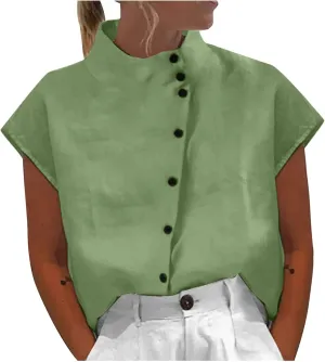 Womens Tshirts Cotton Linen High Neck Cap Sleeve Shirt Summer Fashion Casual Cotton Linen Blouses Trendy Tops