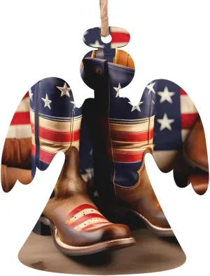 Wooden Christmas Tree Ornaments Set,Hanging Decorations – Angel, Snowman Ornaments Gift & Round Pine Tree Décor American Flag with Cowboy Boots