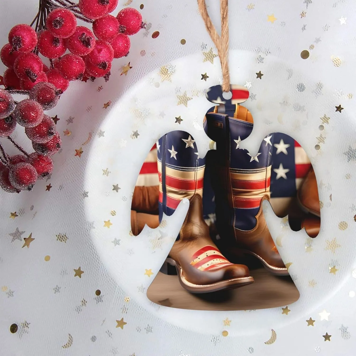 Wooden Christmas Tree Ornaments Set,Hanging Decorations – Angel, Snowman Ornaments Gift & Round Pine Tree Décor American Flag with Cowboy Boots