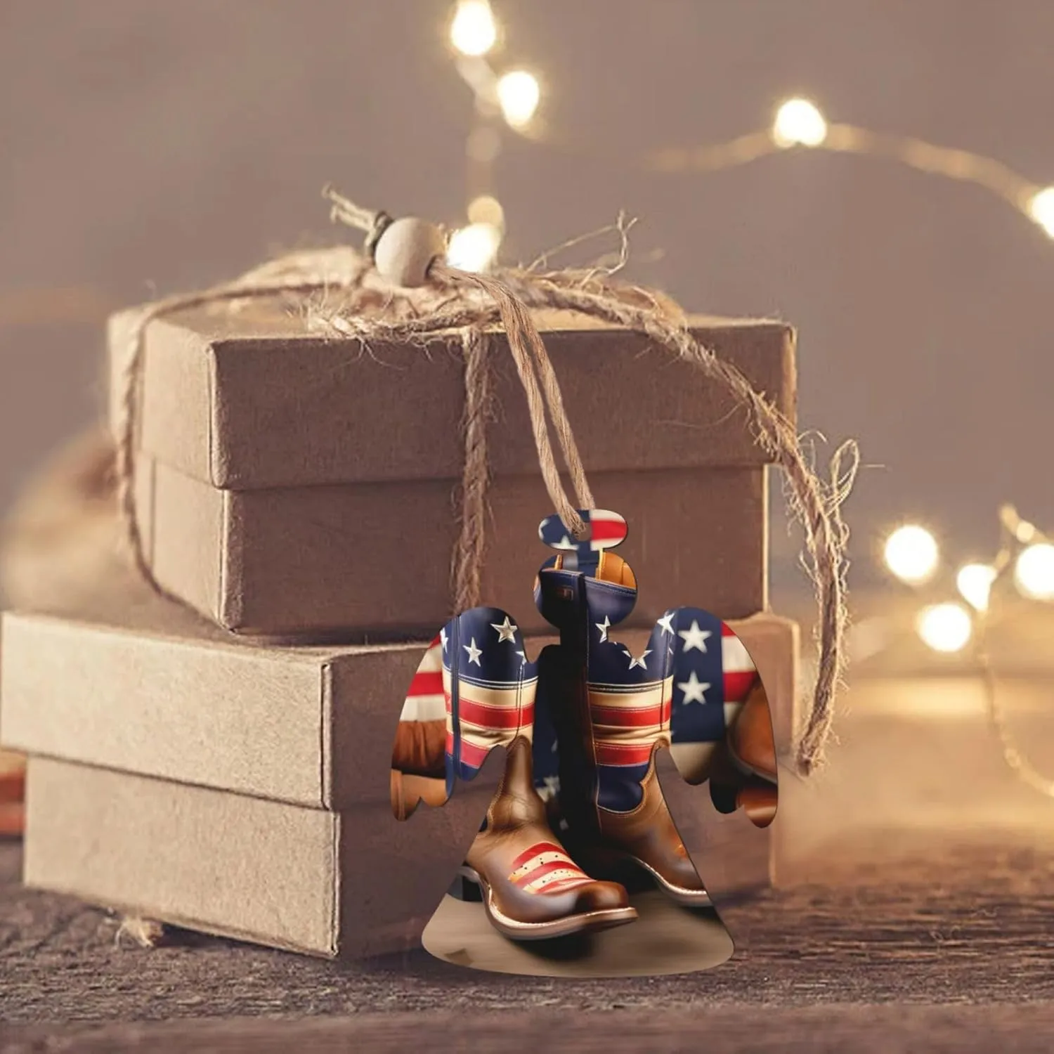 Wooden Christmas Tree Ornaments Set,Hanging Decorations – Angel, Snowman Ornaments Gift & Round Pine Tree Décor American Flag with Cowboy Boots