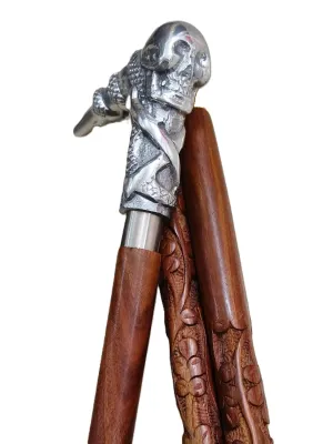 Wooden Octopus & Skull Head Engraved Hand carved Cane - Premium Wood Carved Walking Stick With Ergonomic Palm Grip Handle - 36" Brown Handmade Elegant Carved Walking Stick For Men Women