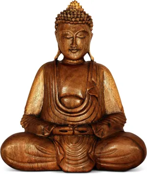 Wooden Serene Sitting Buddha Statue Handmade Meditating Sculpture Wood Figurine Decorative Accent Handcrafted Traditional Modern Contemporary Oriental Decor Hands In Lap Buddha (8" Tall)