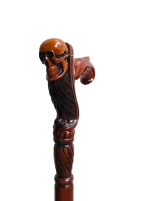 Wooden Skull Head Engraved Hand carved Cane - Premium Wood Carved Walking Stick Cane With Ergonomic Palm Grip Handle - 36" Brown Handmade Elegant Carved Walking Stick For Men Women