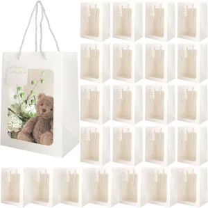 WOPPLXY 24 Pcs Gift Bag with Clear Window, 7.08 x 5.11 x 9.84 Inch White Kraft Paper Gift Bags with Transparent Window, Transparent Bouquet Gift Bags with Handle for Present, Festivals Party
