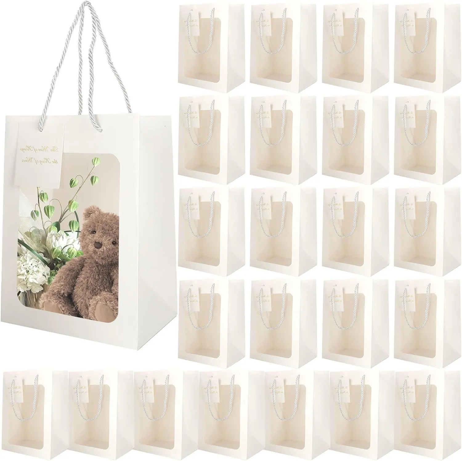 WOPPLXY 24 Pcs Gift Bag with Clear Window, 7.08 x 5.11 x 9.84 Inch White Kraft Paper Gift Bags with Transparent Window, Transparent Bouquet Gift Bags with Handle for Present, Festivals Party