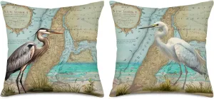 Xihomeli Set of 2 Throw Pillow Cover Herons & White Egret Watercolor Painting Bird Walk by The Sea with Retro River Map Background Design Cotton Linen Cushion Case 18" x 18" Pillowcase (2 Pack Herons)