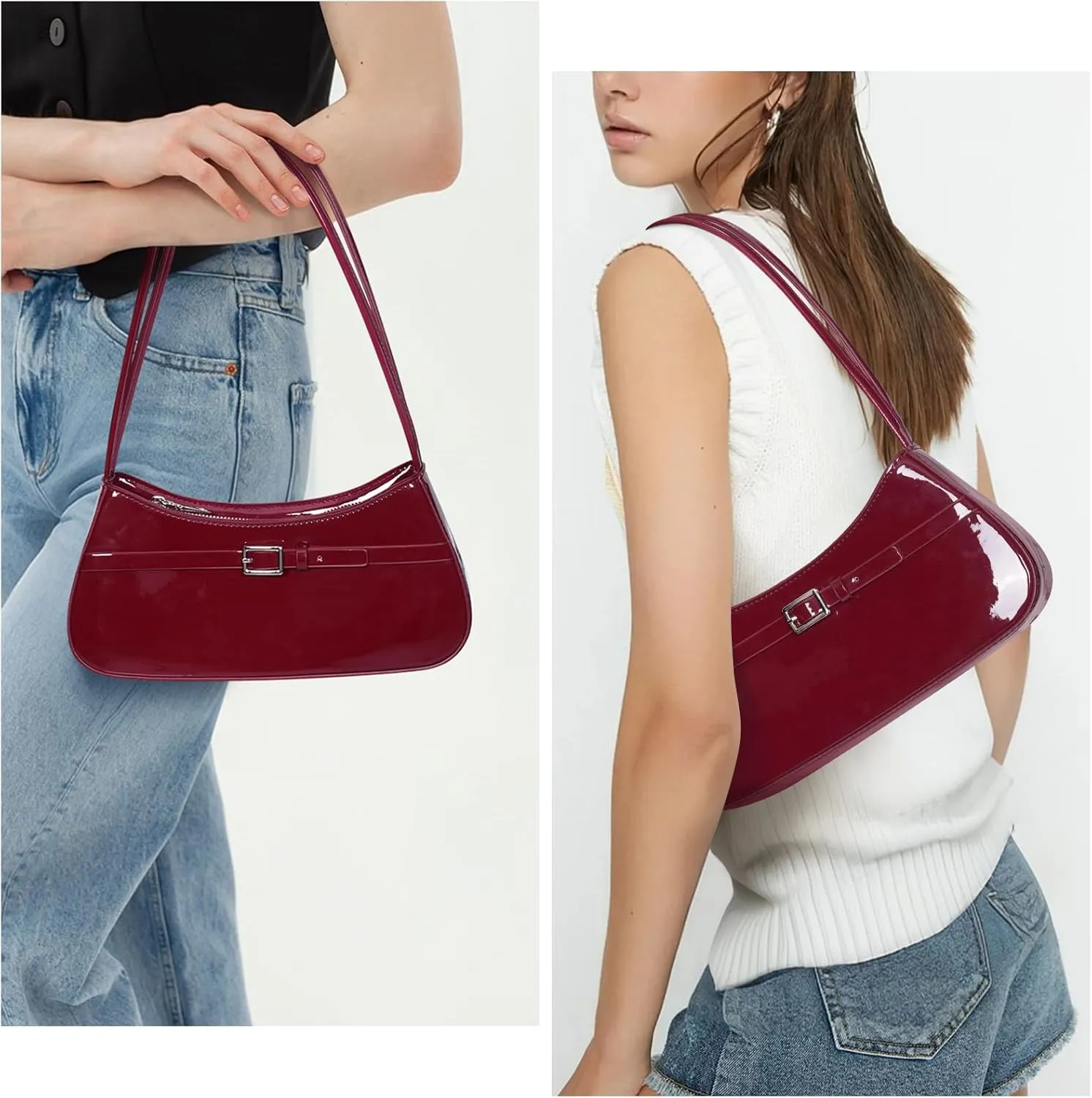 Y2k Shoulder Bag Red Patent Leather Purse For Women Small Vintage Handbag Burgundy Hobo Bags Faux Leather Underarm