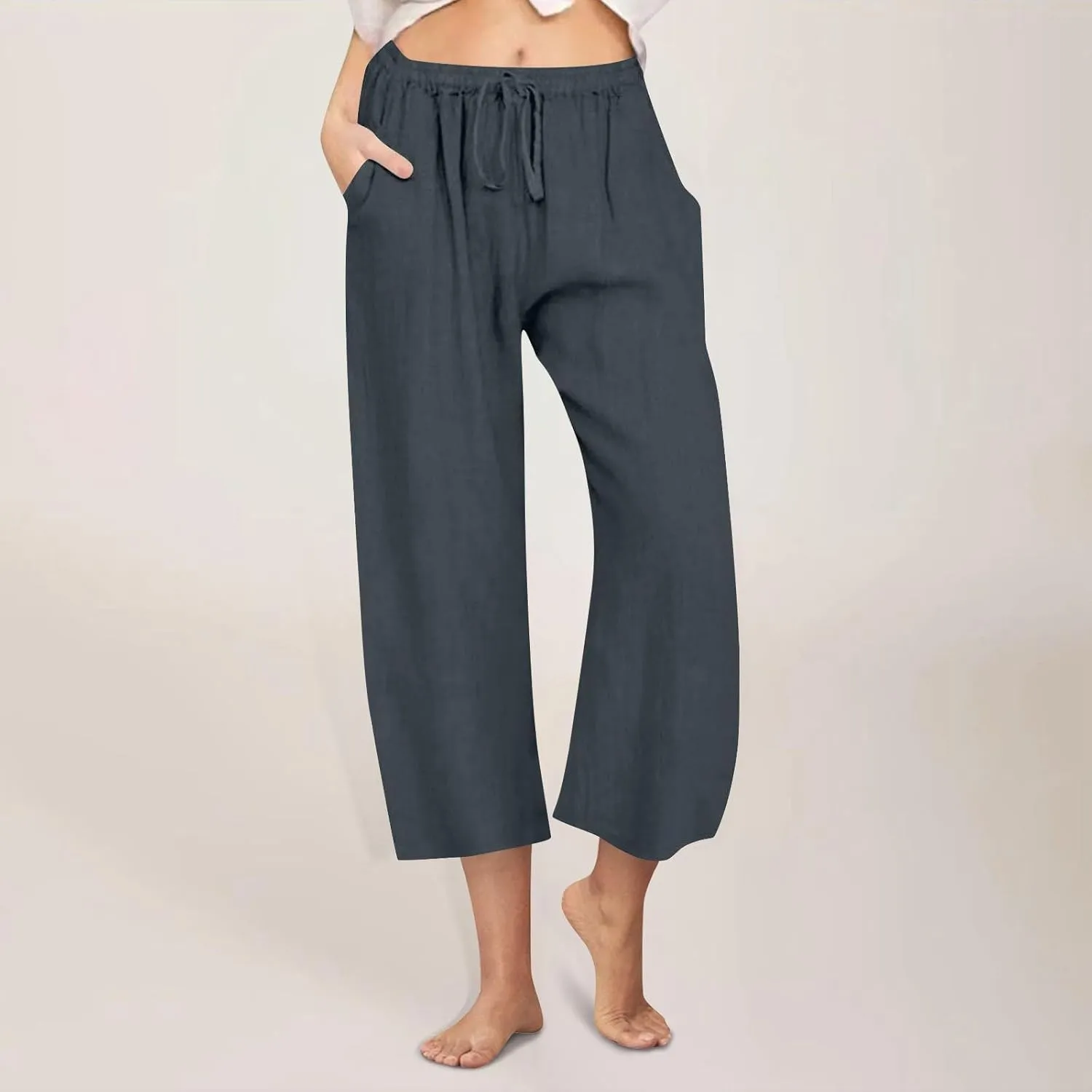 yardsong Capri Pants for Women Cotton Linen Summer Casual Cropped Pants Drawstring Elastic Waist Wide Leg Capris with Pockets