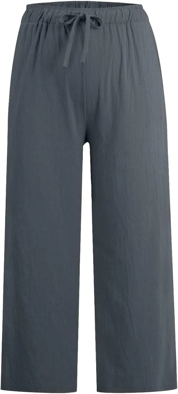 yardsong Capri Pants for Women Cotton Linen Summer Casual Cropped Pants Drawstring Elastic Waist Wide Leg Capris with Pockets